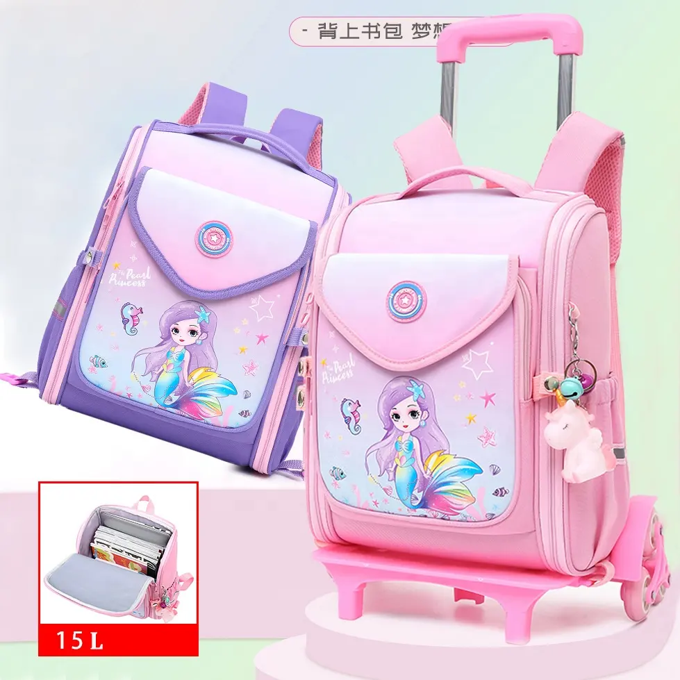 Conjunto de mochila escolar de dibujos animados con ruedas para niñas, mochila con ruedas, mochila con equipaje rodante, mochila con ruedas, mochila con ruedas para niños