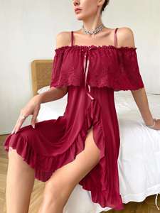 Ensemble de lingerie sexy en dentelle transparente style européen et américain, pyjama à épaules dénudées, jupe longue en satin pour l'été, taille élastique, respirant - Product Image 6