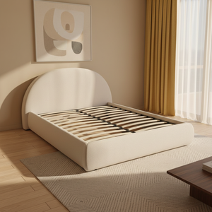 Lit plateforme rembourré en bouclette avec coins arrondis et tête de lit ronde, idéal pour les projets hôteliers et e-commerce – Offre Spéciale - Product Image 1