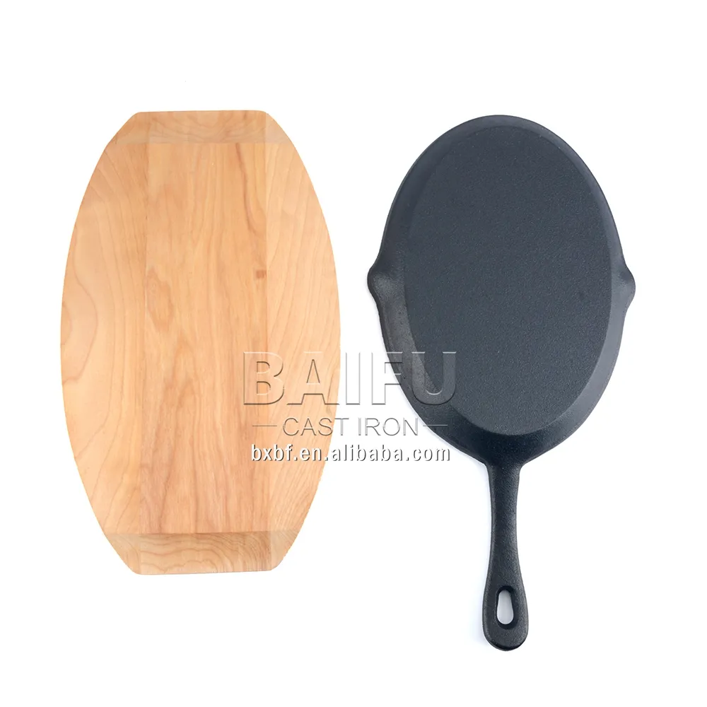 Cast Iron Sizzling Pan Fajita Pans Non Stick Sizzling Plate With Wooden Base
