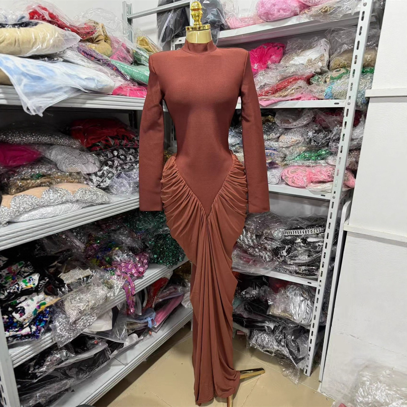 long sleeve brown long dress Brown Long Sleeve Midi Dress With Scarf – shopaleena
