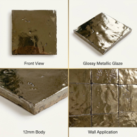 Carreaux muraux en céramique faits à la main, effet métallique brillant ondulé, 100x100, Zellige, pour crédence de cuisine et décoration de salle de bain