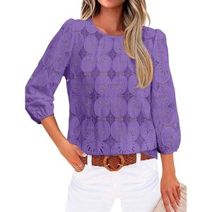 Blusa de Encaje Morado para Mujer con Estampado Floral, Manga Abullonada 3/4, Top Informal para Uso Diario - Product Image 2