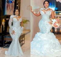 Personnalisé 2025 arabe blanc sirène robes de mariée avec train détachable perlé Illusion à manches longues grande taille robes de mariée
