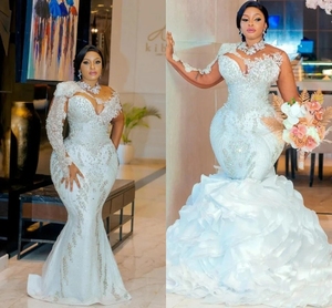 שמלות כלה אישית 2025 בתולת ים לבן ערבית עם אשליית חרוזים שרוול ארוך בתוספת שמלות כלה גודל - Product Image 4