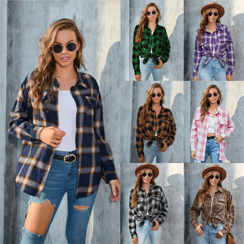 Women's Blouse Shirt 2023 Spring New Fashion College Style Casual V-neck Plaid Shirt Long Sleeve Plus Size Blouses Chemise