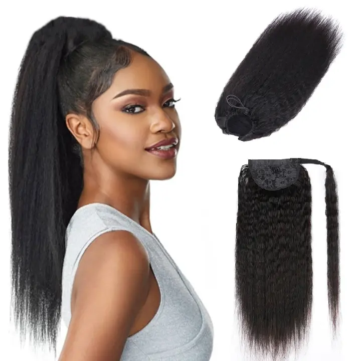 Extensions de cheveux naturels remy — ali queen, cheveux humains crépus lisses, queue de cheval, vente en gros, bon marché