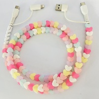 Câble de charge perlé style macaron pastel mignon, 4-en-1 multi-interface, câble de synchronisation de données USB style Kawaii pour téléphone