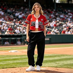 Maillot de baseball court personnalisé pour femme, col en V, avec empiècements contrastants, haut court de sport, logo et numéro imprimés sur mesure, uniforme d'équipe F - Product Image 5