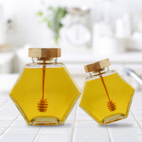 220Ml Datar Hexagon Disegel Honey 350G Stoples Kaca dengan Kayu Honey Dipper Penutup Tutup