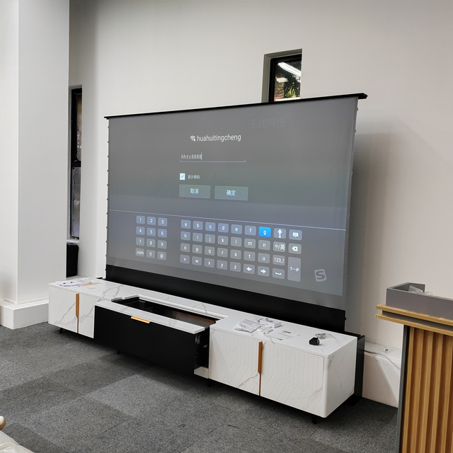 Home Cinema ultra Short Throw Laser Projector CBSP 4k 100 Inch Motorized Floor up Rising Clr Alr Projection Screen with Cabinet