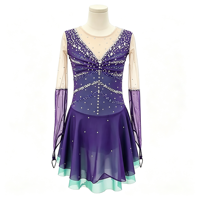 Robe de patinage artistique et de danse pour enfants et adultes, violet menthe, col en V, manches longues en maille, dos orné de strass, pour compétition et spectacle de patinage sur glace