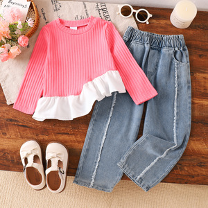 Ensemble deux pièces best-seller : pull en coton style hip-hop européen et américain à manches longues avec surpiqûres et dentelle + pantalon en jean à effet <span class=keywords><strong>barbe</strong></span> - Product Image 1
