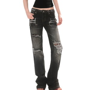Jeans Bootcut Droits Délavés et Effilochés pour Homme avec Logo Personnalisé, Ornés de Strass sur Toute la Surface - Product Image 3