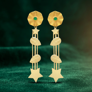 Pendientes de Gema Verde con Hojas Chapadas en Oro y Diseño de Estrella, Estilo Étnico, Hechos a Mano, Aleación de Metal Precioso para Fiestas - Product Image 3