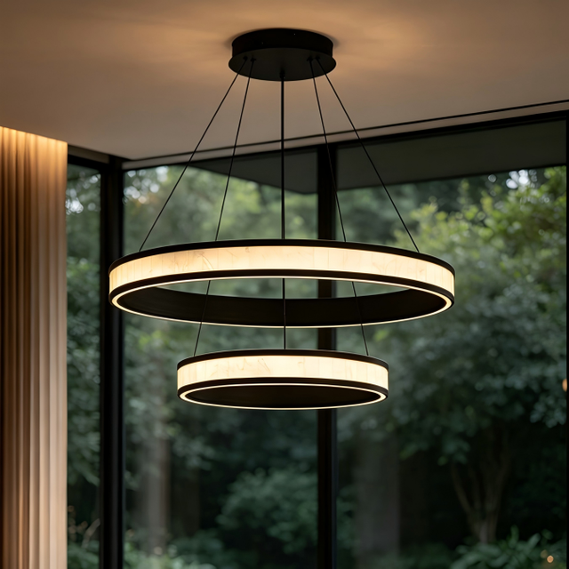 Luxury Spanish Alabaster Stone Chandelier Modern Double Ring LED Pendant Hanging Lamp for Living Dining Table Bedroom Villa