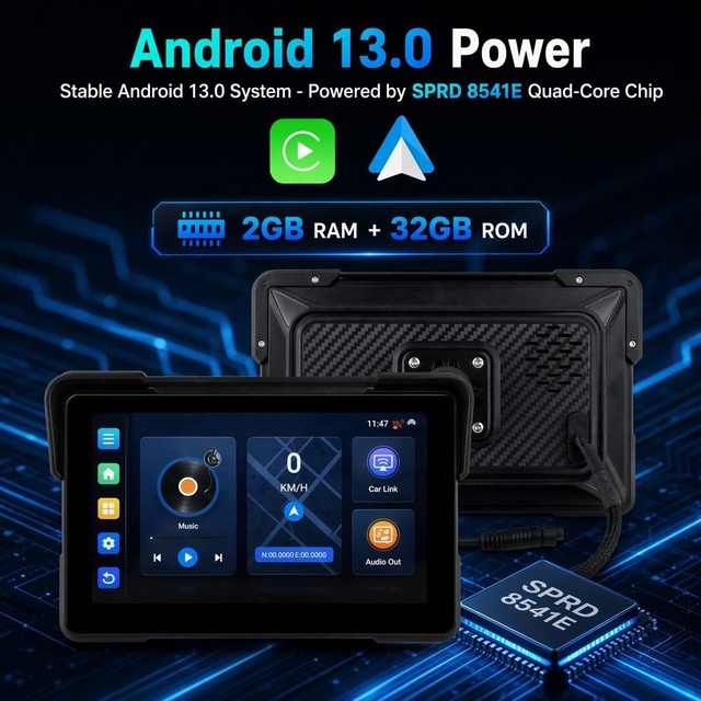 7 Inch Android 13.0 OS 2+32GB Universal Wireless CarPlay Android Auto External GPS Speed Display Motorbike GPS
