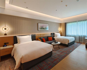 Hotel Bed Manufacturer Cheap Price Custom Size Fabric Upholstered <b>Headboard</b> Wood Platform Bed with Cotton Linen Bedding Set - Product Image 5