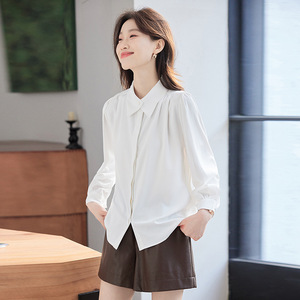 Women's Blue Long Sleeve Shirt Solid Color Poplin Workwear Office Wear - Product Image 4