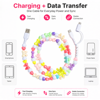 Câble de charge USB Type C 3 en 1 avec perles en forme de cœur et nœud pastel, couleur bonbon, cadeau mignon Y2K