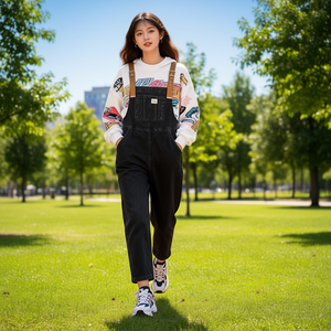 N068 Salopette in Denim da Donna a Vita Alta Vestibilità Ampia Lavaggio Scuro Stile Casual in Tessuto 100% Cotone con Tasche - Product Image 2