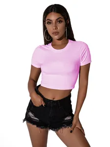 Kaus Crop Top wanita warna polos seksi kustom kaus pendek Slim-Fit untuk anak perempuan