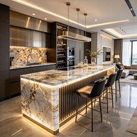 Îlot de cuisine en marbre naturel rétroéclairé sur mesure avec évier, comptoir de bar en pierre lumineuse à LED, îlot en pierre Coque pour maison et villa