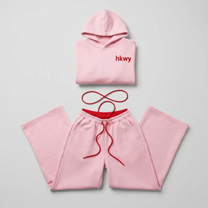 Custom Factory High Quality Cotton Pink Tracksuit Women <b>Red</b> Drawstring <b>Cropped</b> Streetwear Hoodie double waistband Joggers Set - Product Image 3