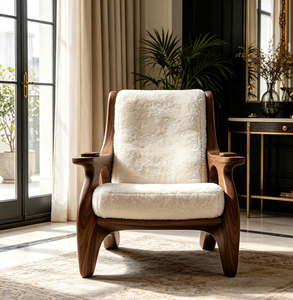 Poltrona Singola Imbottita in Sherpa Bianco con Telaio in Fibra di Vetro Effetto Legno per Interni Residenziali dal Look Mid-century - Product Image 4