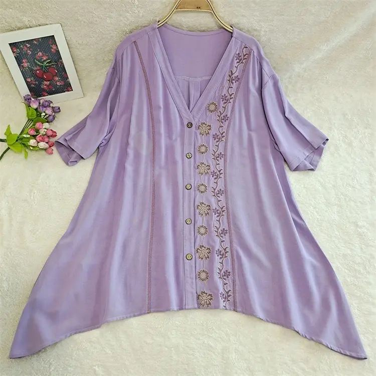 Fashion Loose Purple Beautiful Embroidered Irregular Hem Cotton Linen Short Sleeved Women Blouse