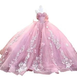 S0882L 2026 Nuovo Abito <span class=keywords><strong>da</strong></span> Cerimonia Rosa con Spalla Scoperta, Tulle a Palloncino, Elegante <span class=keywords><strong>Vestito</strong></span> <span class=keywords><strong>da</strong></span> Sera con Fiori in Pizzo - Product Image 5