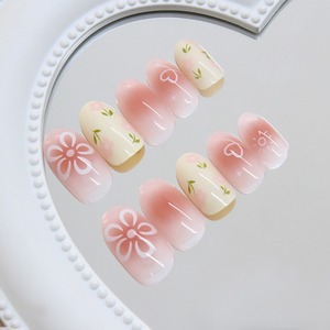R947 <span class=keywords><strong>Cream</strong></span> Blush Starburst Floral Press on Nails Herbruikbare Volledige Dekking Kunstnagels Glansrijke Nude Nageltips 24 stuks - Product Image 3