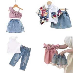 Ensembles de vêtements en coton pour enfants à prix d'usine : T-shirt, short en jean, pantalon et débardeur – Ensembles 2 pièces d'été pour enfants - Product Image 2