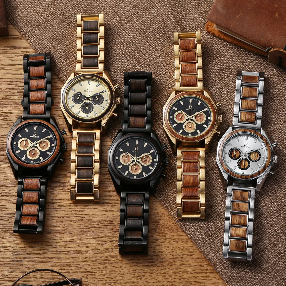 ROYAL BEAR custom logo classic handmade men chronograph alloy quartz watch wood watch with timepieces
