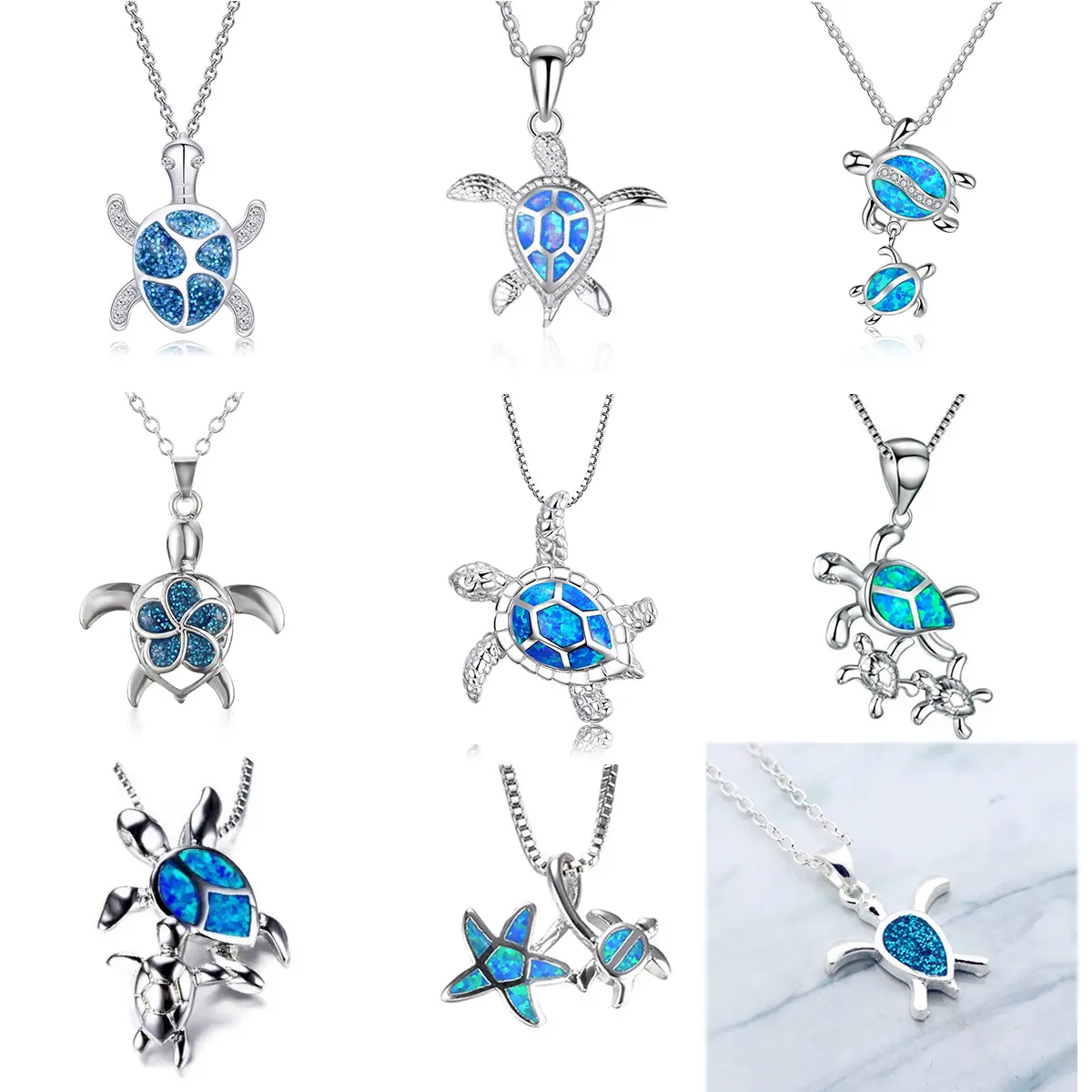Fashion Silver Filled Blue Opal Sea Turtle Pendant Necklace Women Animal Beach Jewelry Accessory