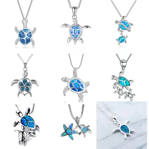 Mode Zilveren Gevuld Blauw Opaal Zeeschildpad Hanger Ketting Vrouwen Dier Strand Sieraden Accessoire