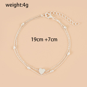 Bracelet de <span class=keywords><strong>cheville</strong></span> réglable à double chaîne superposée avec cœurs et perles, ton <span class=keywords><strong>or</strong></span> et argent, en cuivre et fer, bijoux de plage et de mariage - Product Image 2