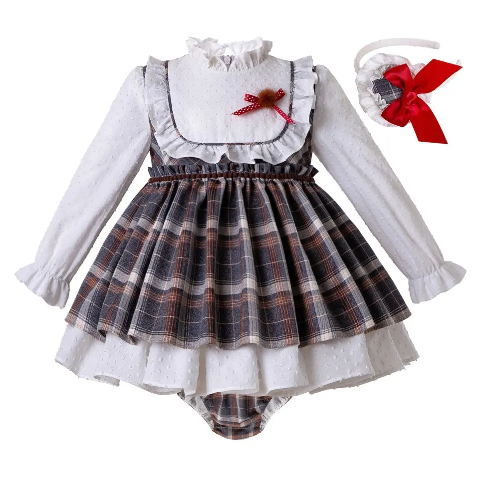 OEM-ropa de algodón para bebé, conjunto de 3 piezas, vestidos y pantalón para niña con diadema, conjunto de vestido a cuadros, ropa para niño