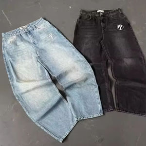 Jeans Baggy in Cotone Nero Effetto Vintage per Uomo con Design Personalizzato e Dettagli Ricamati, Alta Qualità, Stile Hip Hop Streetwear - Product Image 1