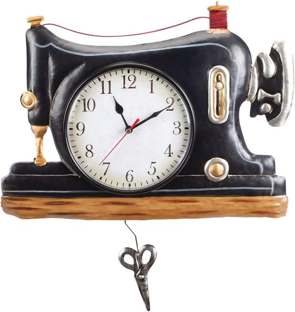 Vintage Retro Sewing Machine Shaped Pendulum Wall Clock Metal Analog Timepiece Decorative