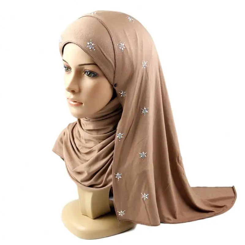 In Stock ready to ship long size collection style cotton scarf two tones jersey hijab with rhinestones