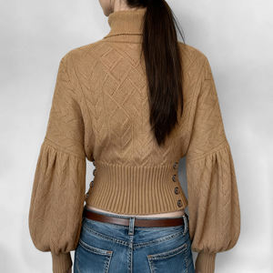 Suéter Corto de Cuello Alto Tejido a Crochet, Color Sólido, Transpirable, Elegante e Informal para Mujer, Otoño - Product Image 4