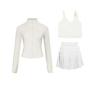 Conjunto de Ropa de Yoga de Verano para Mujer, 3 Piezas: Chaqueta Deportiva Ajustada con Cuello Alto, Chaleco con Espalda en U <span class=keywords><strong>y</strong></span> <span class=keywords><strong>Falda</strong></span> Corta - Product Image 1