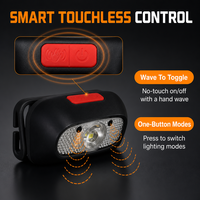 Lampe frontale intelligente rechargeable USB-C avec capteur, 5 modes, contrôle sans contact, lampe frontale LED pour la course à pied, la randonnée, la pêche, le camping, l'utilisation en extérieur