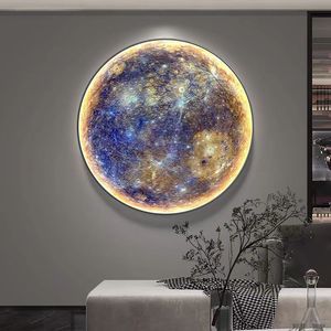 Quadro da parete moderno con design a <span class=keywords><strong>luna</strong></span>, cornice rotonda in lega di alluminio, luce LED, personalizzabile, pittura a cristalli di porcellana ad acquerello. - Product Image 4