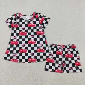 Conjuntos de Ropa para Niñas Pequeñas, Camiseta y Pantalones Cortos con Estampado de Flores a Cuadros Cereza, Estilo Casual, Venta al Por Mayor, RTS Boutique - Product Image 2