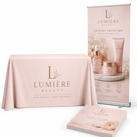 Kit de stand d'exposition personnalisé pour l'industrie de la beauté, comprenant une nappe, un présentoir enroulable et des brochures pour les marques de soins de la peau, de maquillage et de cosmétiques