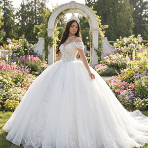 Robe de mariée princesse moderne blanche avec traîne chapelle Wx103 - Product Image 1