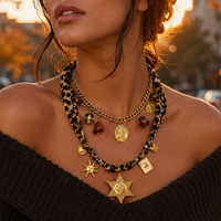 Collier superposé SUMMLY vintage en tissu motif cœur, soleil et léopard, pendentif en acier inoxydable plaqué or 18 carats, bijoux quotidiens pour femme