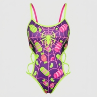 Body de poliéster/spandex reactivo a los rayos UV, color morado neón, con diseño de telaraña, para mujer, con aberturas y cordones, estilo rave.